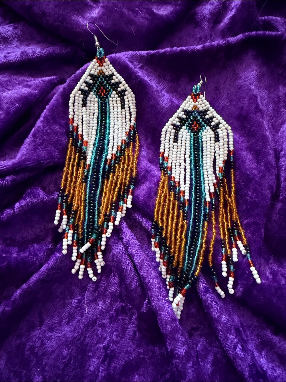 White Teal Gold Beaded Fringe Earrings